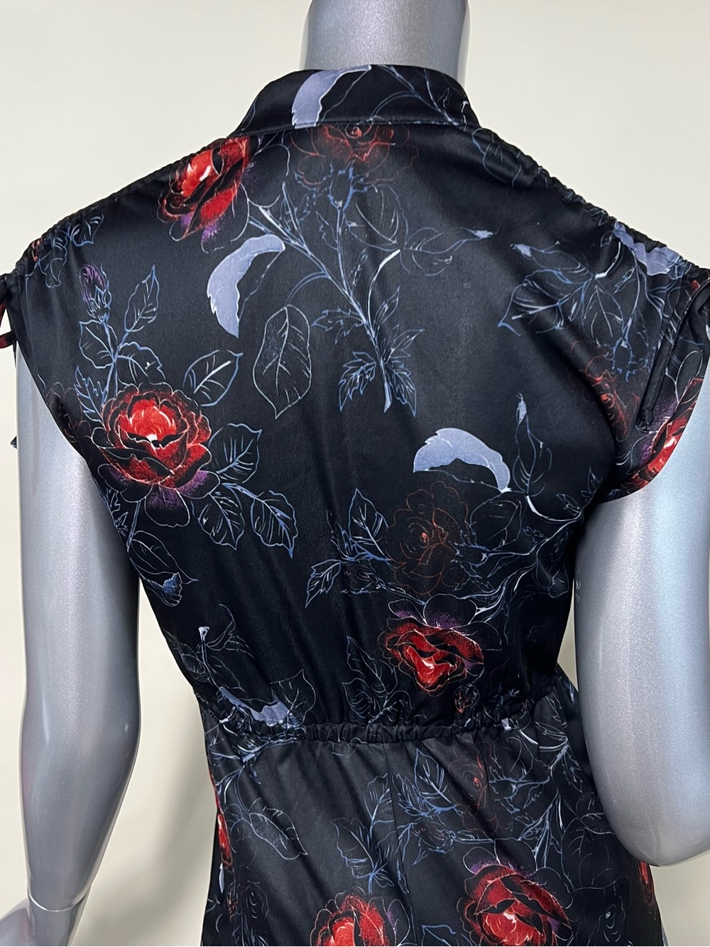 Vintage Women’s XS/SMALL Black Floral Dress Cap Tie Sleeves Stretch Waist Midi - Picture 9 of 16